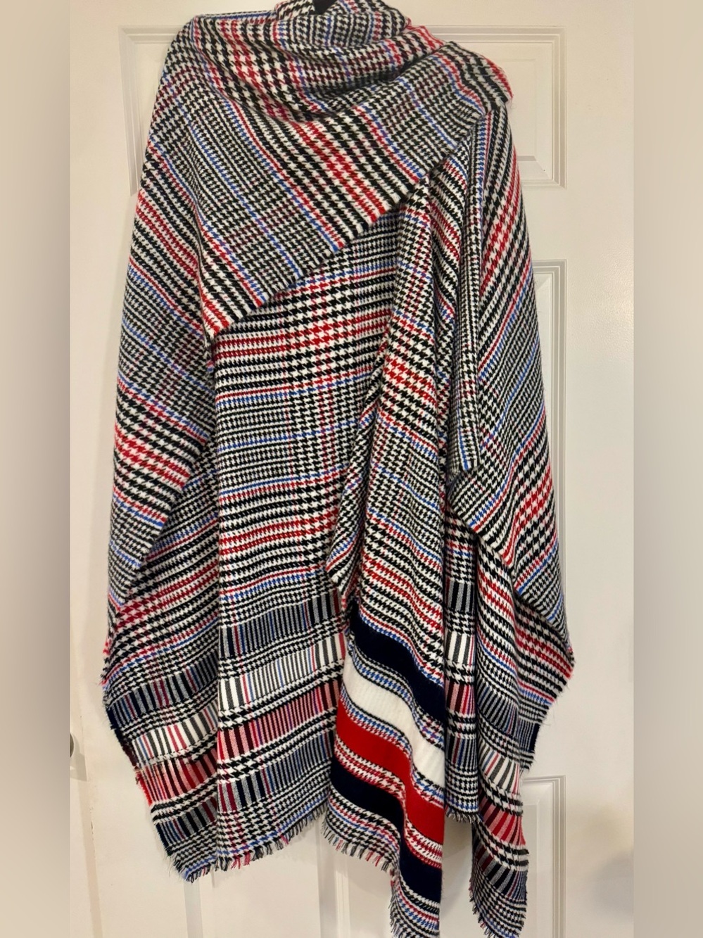 Tommy Hilfiger Houndstooth Glen Plaid Poncho Wrap Red White Blue Stripe OS